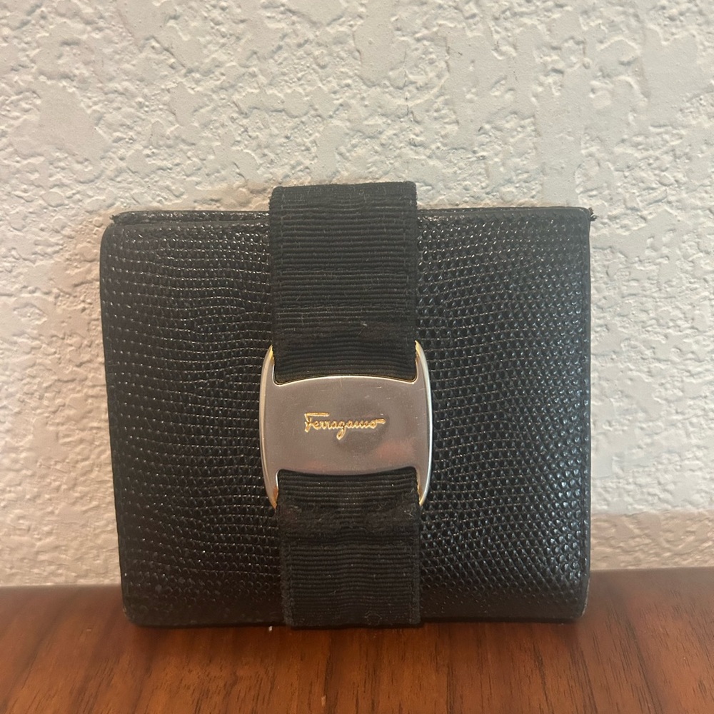 Salvatore Ferragamo Black Textured Leather Wallet with Logo Buckle
